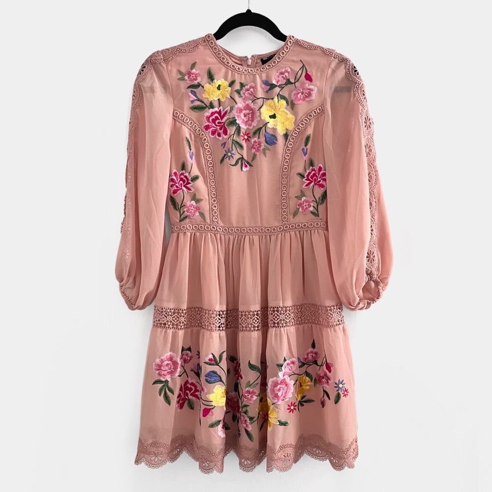 ASOS DESIGN embroidered mini skater dress in soft pink